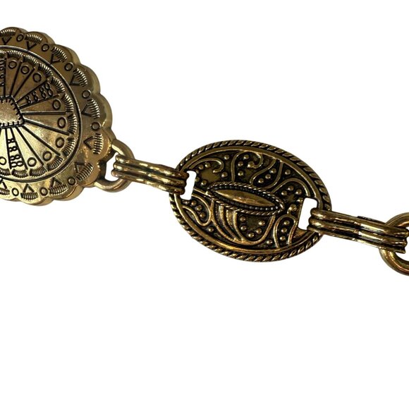 Vintage Oval Carved Concho Western Cowgirl Waist Chain Belt Womens Gold Ethnic - Picture 8 of 11